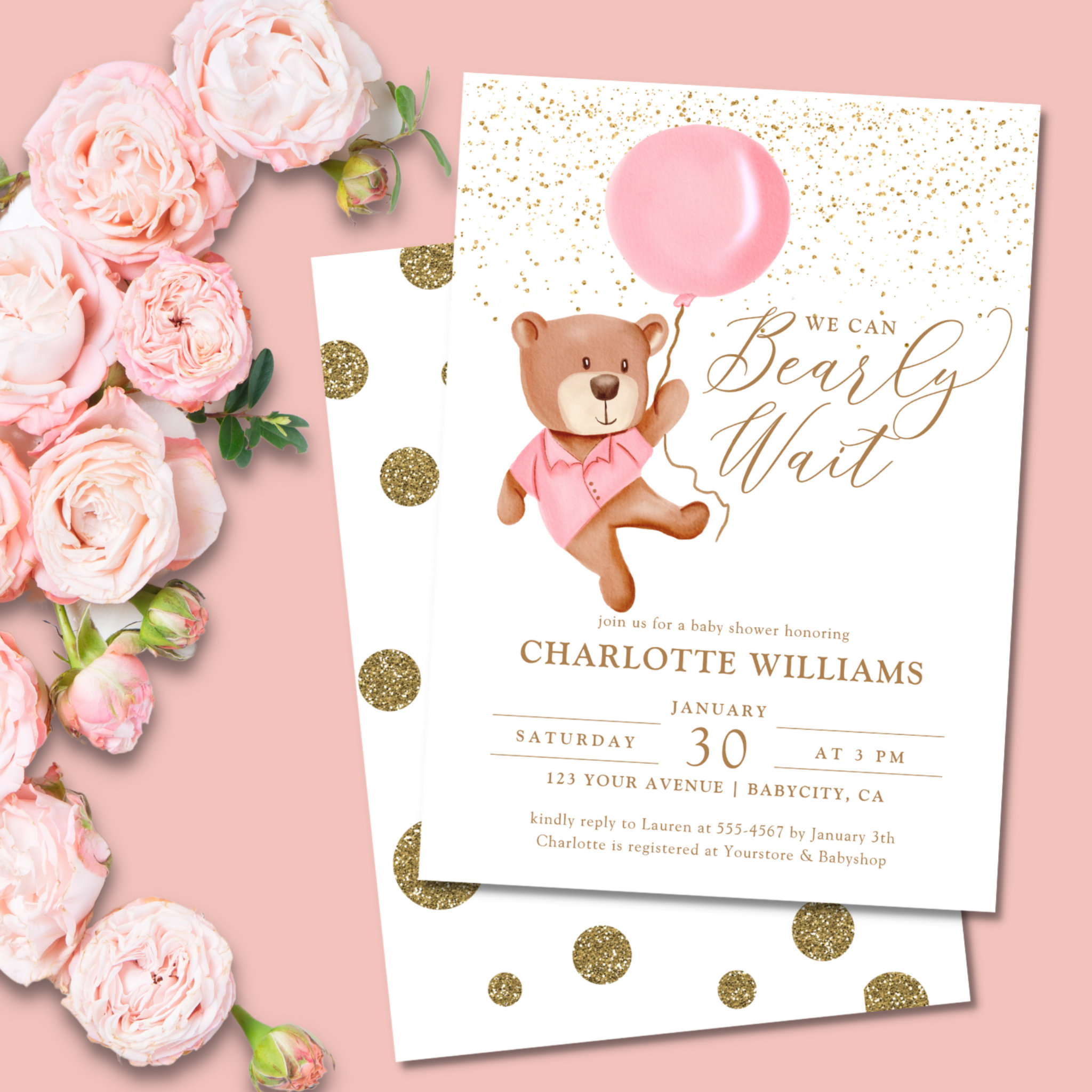 Teddy Bear We Can Bearly Wait Girl Baby Shower Invitation