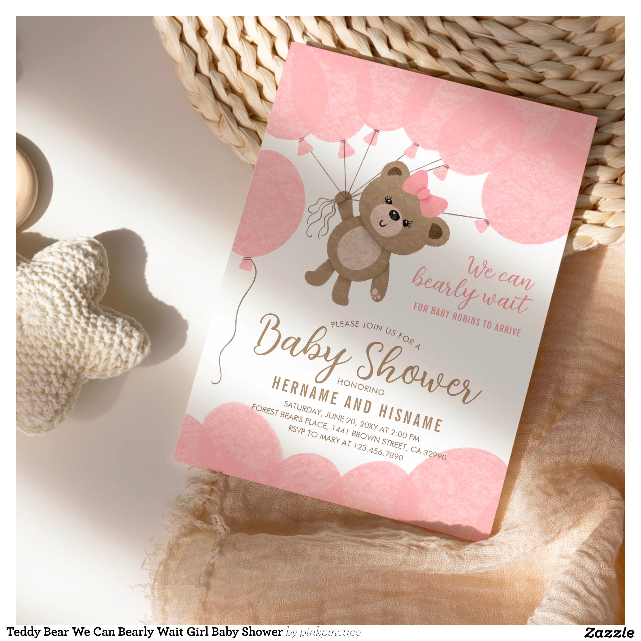 Teddy Bear We Can Bearly Wait Girl Baby Shower Invitation