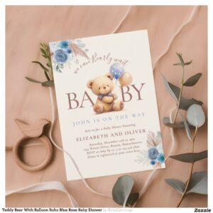 Teddy Bear With Balloon Boho Blue Rose Baby Shower Invitation