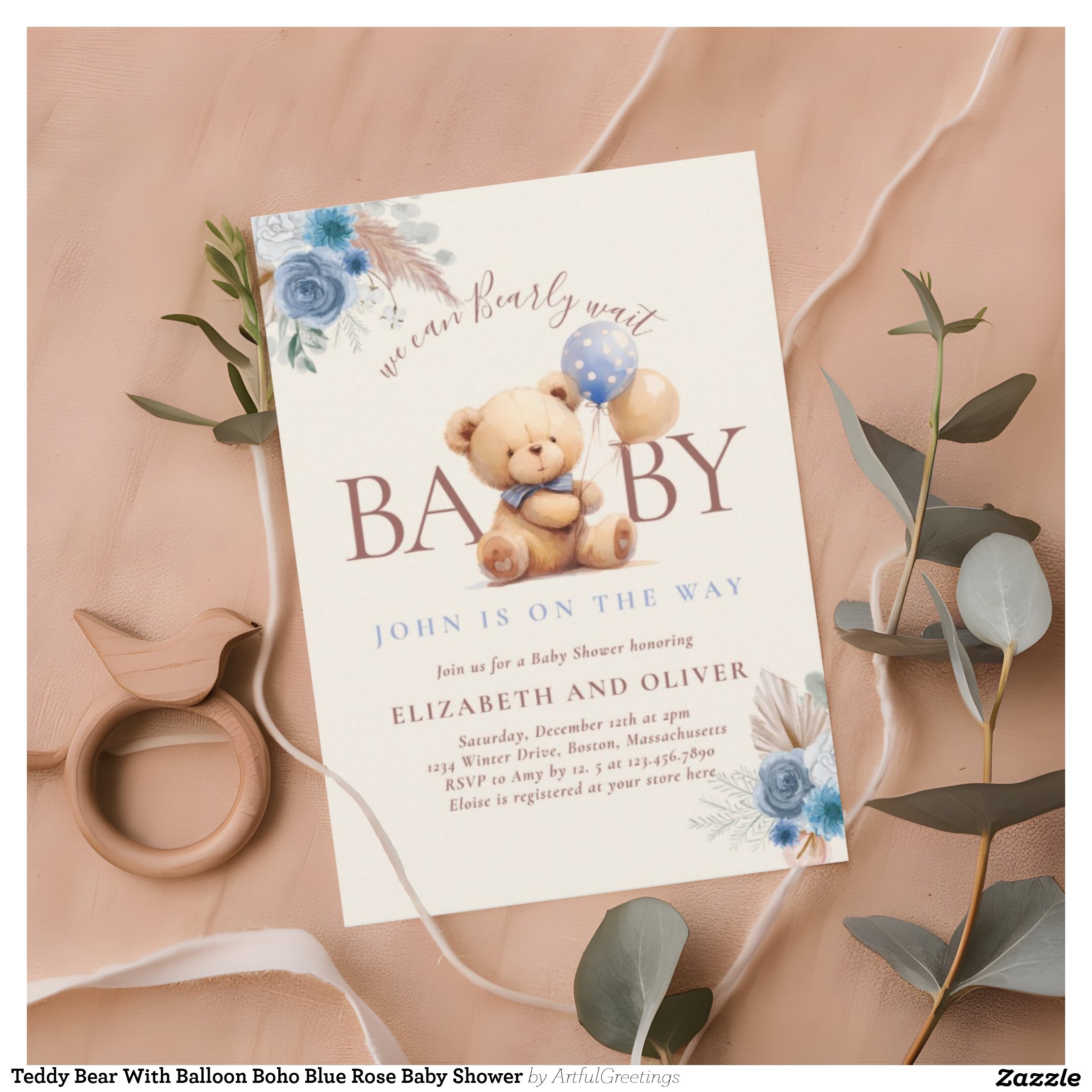 Teddy Bear With Balloon Boho Blue Rose Baby Shower Invitation