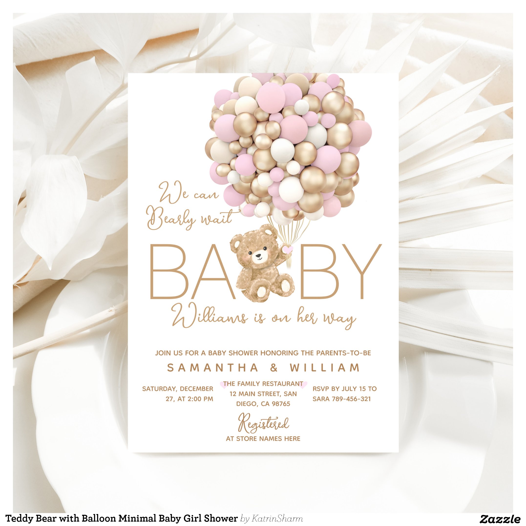 Teddy Bear with Balloon Minimal Baby Girl Shower Invitation