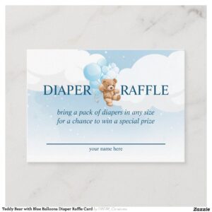 Teddy Bear with Blue Balloons Diaper Raffle Card