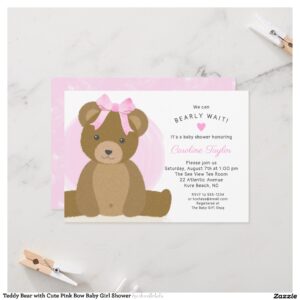 Teddy Bear with Cute Pink Bow Baby Girl Shower Invitation