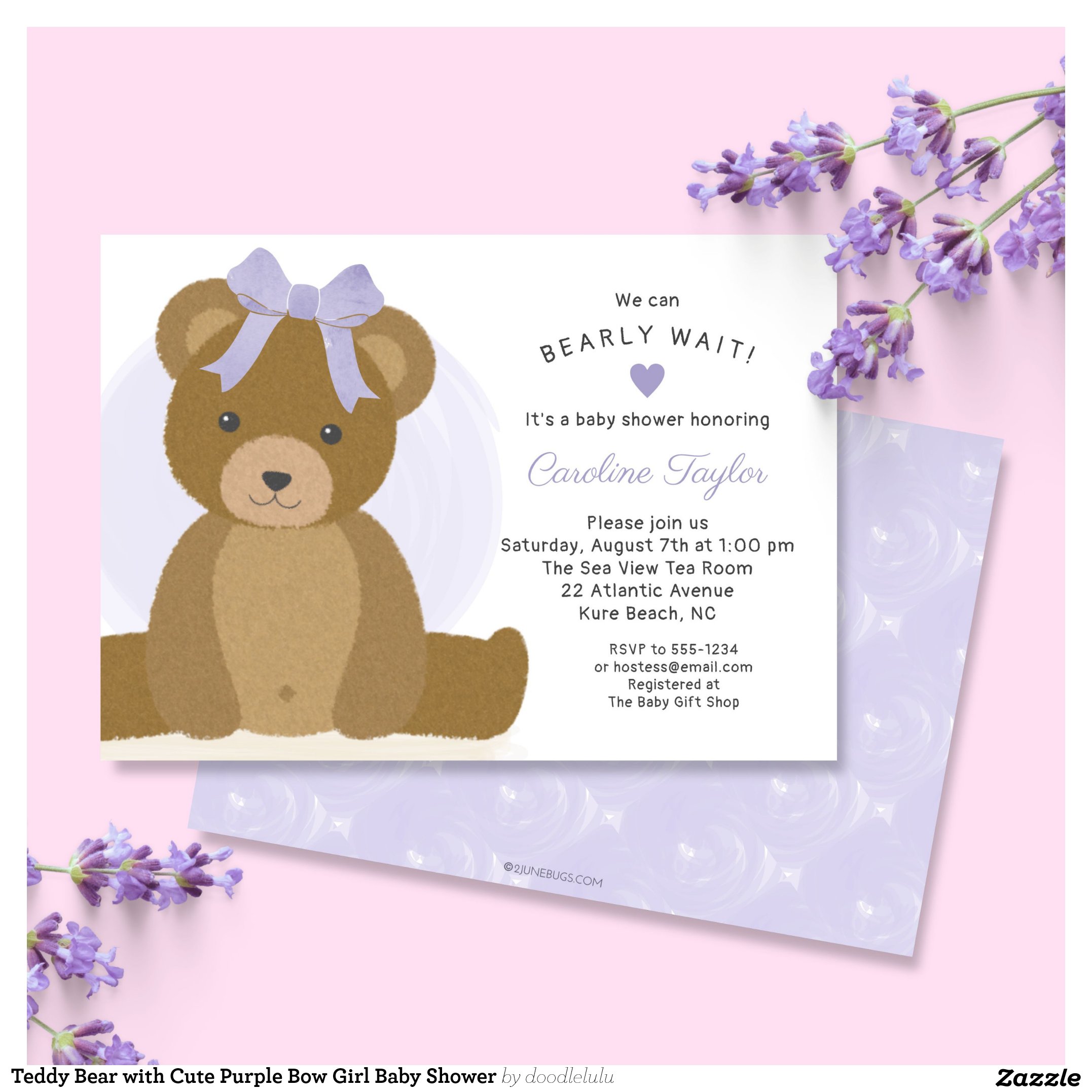 Teddy Bear with Cute Purple Bow Girl Baby Shower Invitation