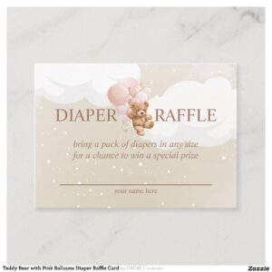 Teddy Bear with Pink Balloons Diaper Raffle Card