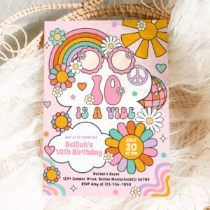 Ten Is A Vibe Groovy 70s Flower Power Birthday Invitation