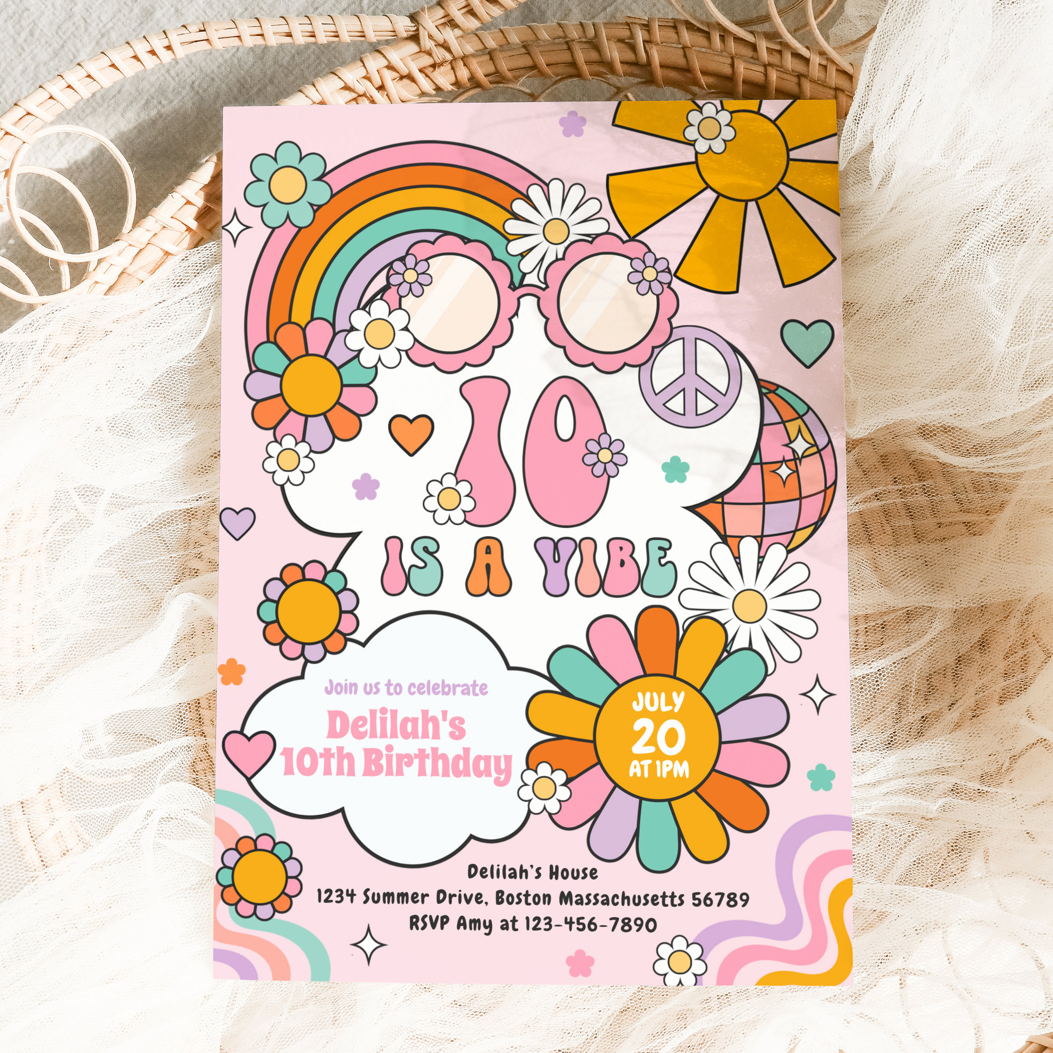 Ten Is A Vibe Groovy 70s Flower Power Birthday Invitation