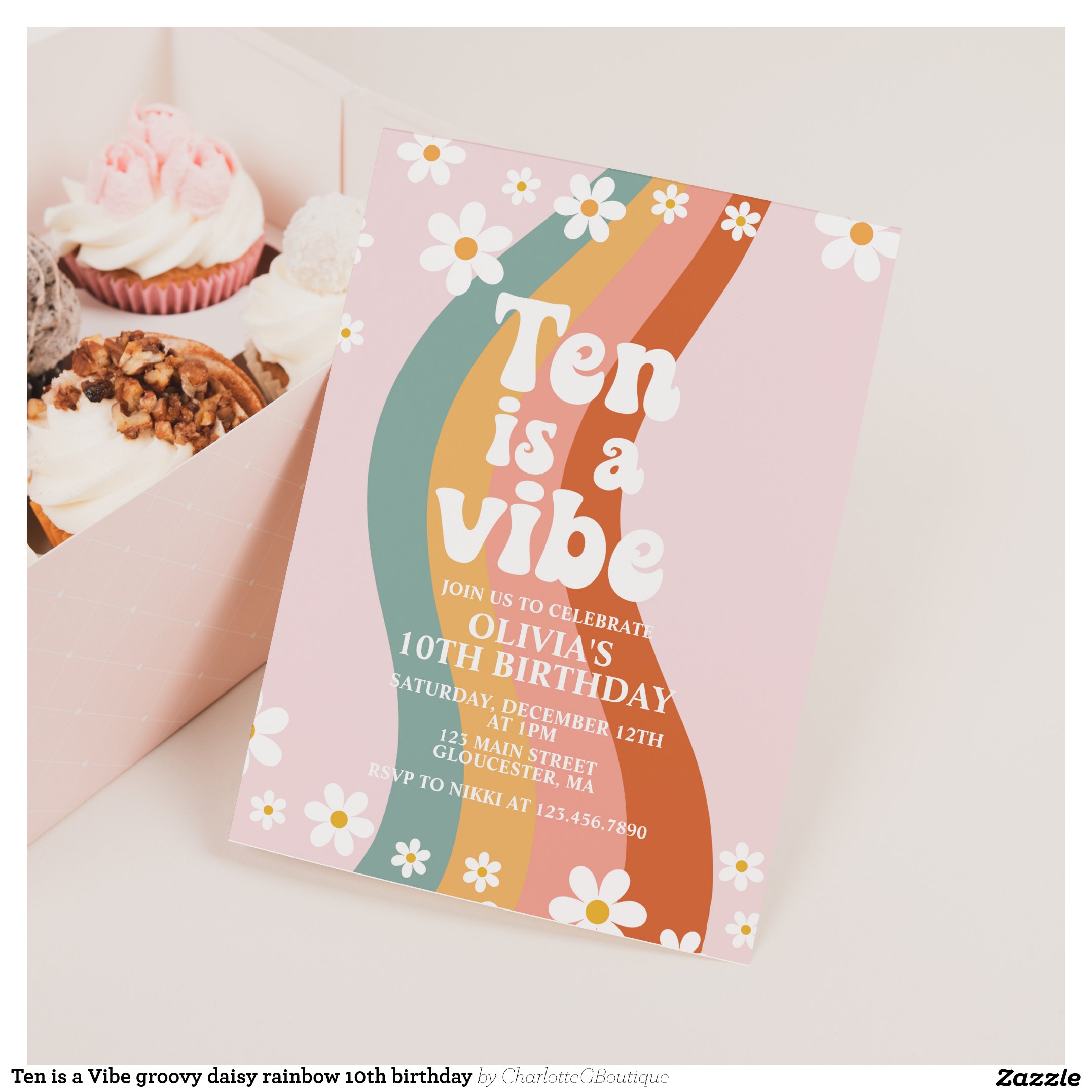 Ten is a Vibe groovy daisy rainbow 10th birthday Invitation