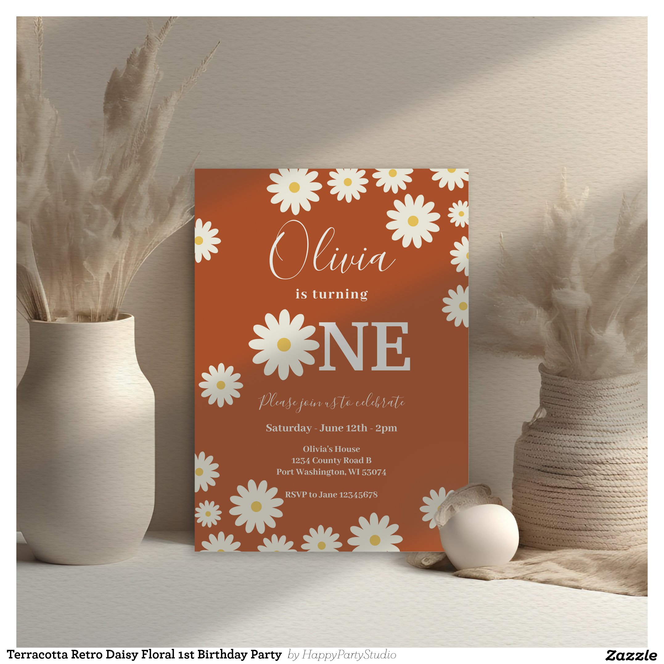Terracotta Retro Daisy Floral 1st Birthday Party Invitation