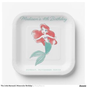 The Little Mermaid Watercolor Birthday Paper Plates