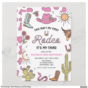 Third Rodeo Pink Western 3rd Birthday Invitation