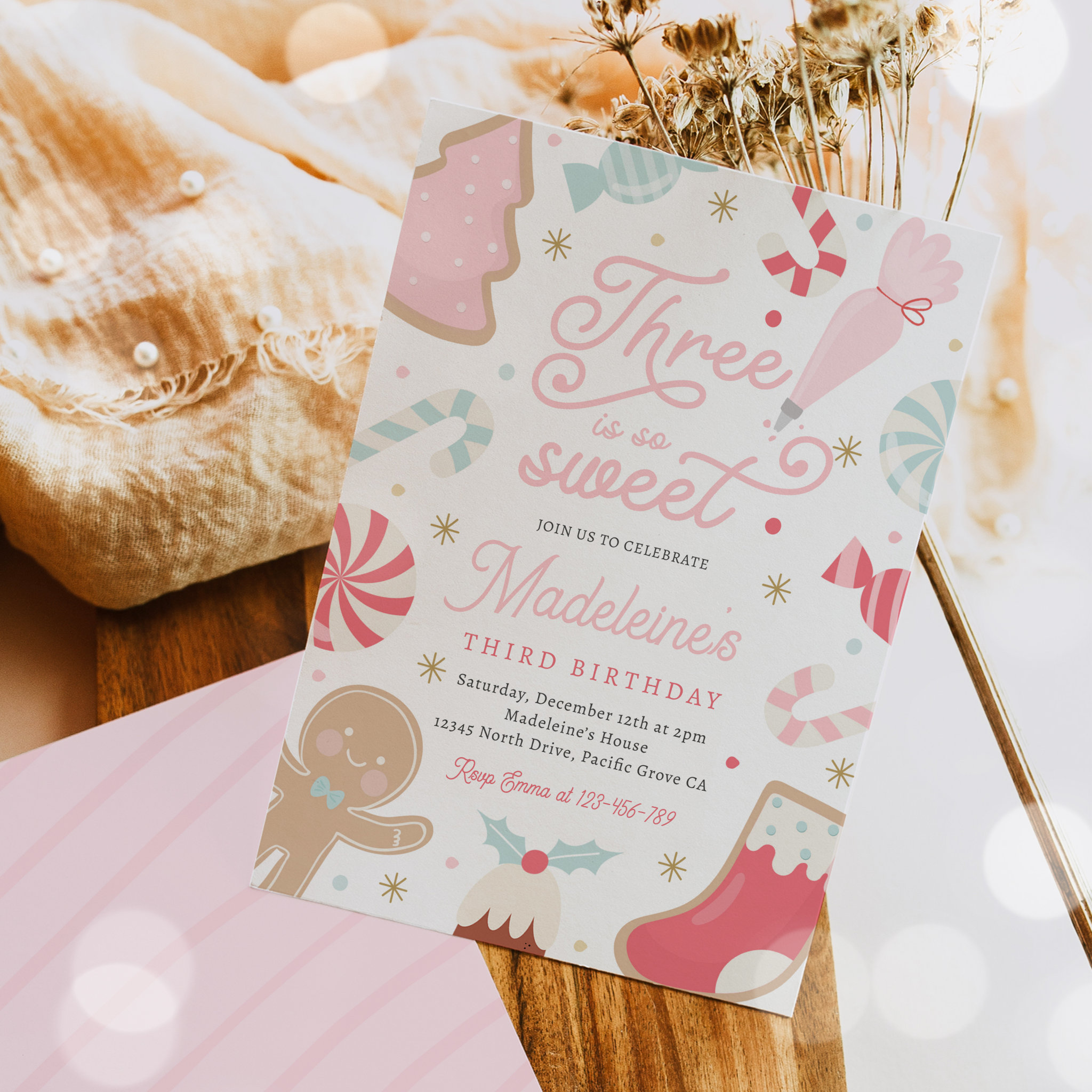 Three Is So Sweet Christmas Cookie 3rd Birthday Invitation