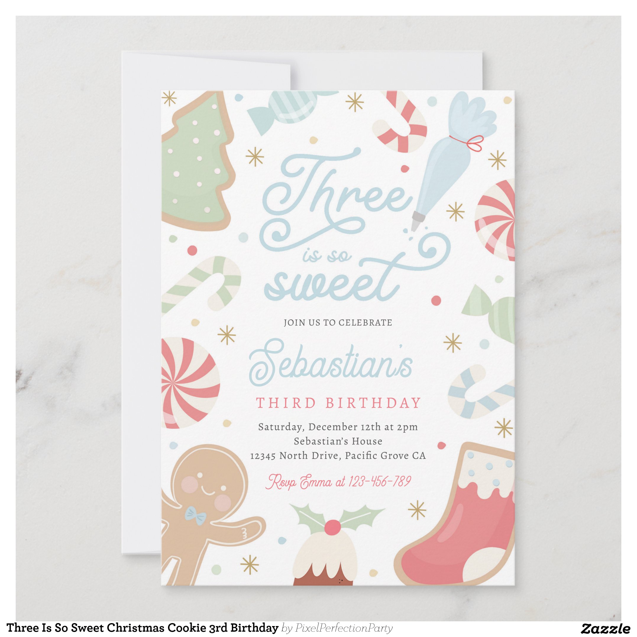 Three Is So Sweet Christmas Cookie 3rd Birthday Invitation