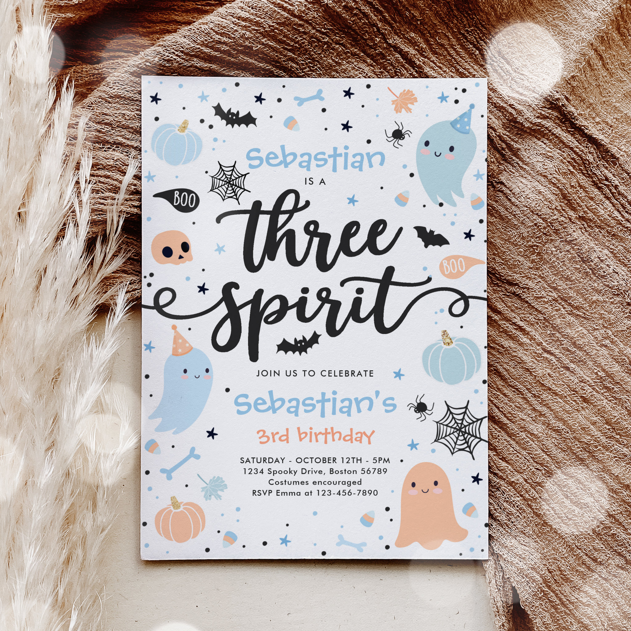 Three Spirit Cute Halloween Ghost 3rd Birthday Inv Invitation