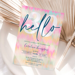 Tie dye unicorn rainbow pastel font photo hello 30 invitation