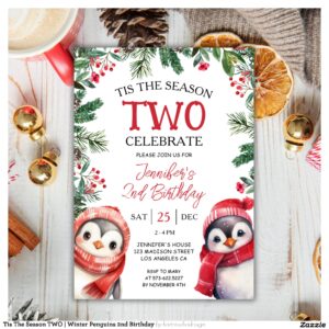 Tis The Season TWO Winter Penguins 2nd Birthday Invitation