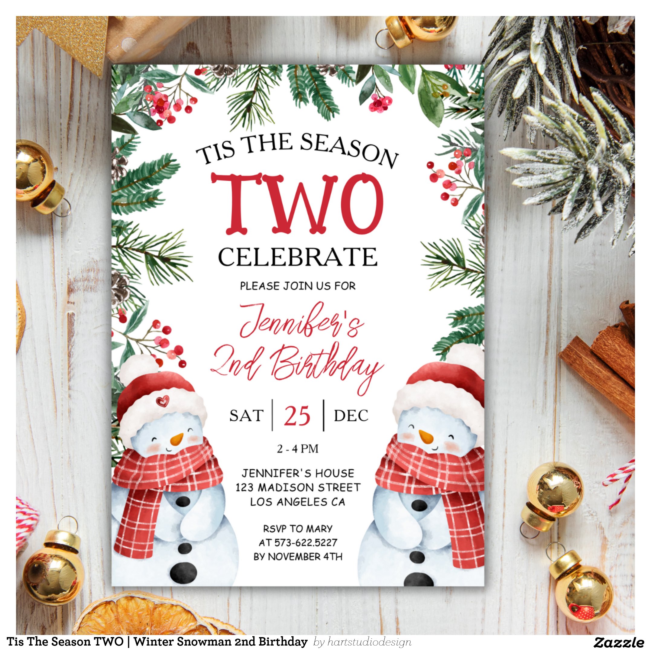 Tis The Season TWO Winter Snowman 2nd Birthday Invitation