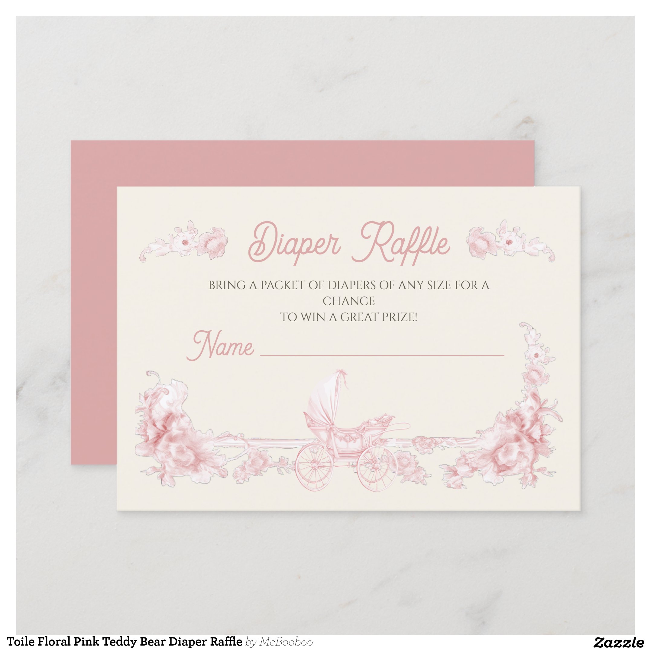 Toile Floral Pink Teddy Bear Diaper Raffle Invitation