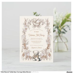 Toile Neutral Teddy Bear Carriage Baby Shower Invitation