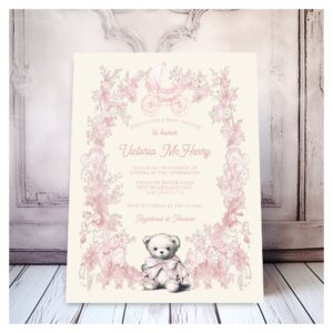 Toile Pink Floral Teddy Bear Carriage Baby Shower Invitation