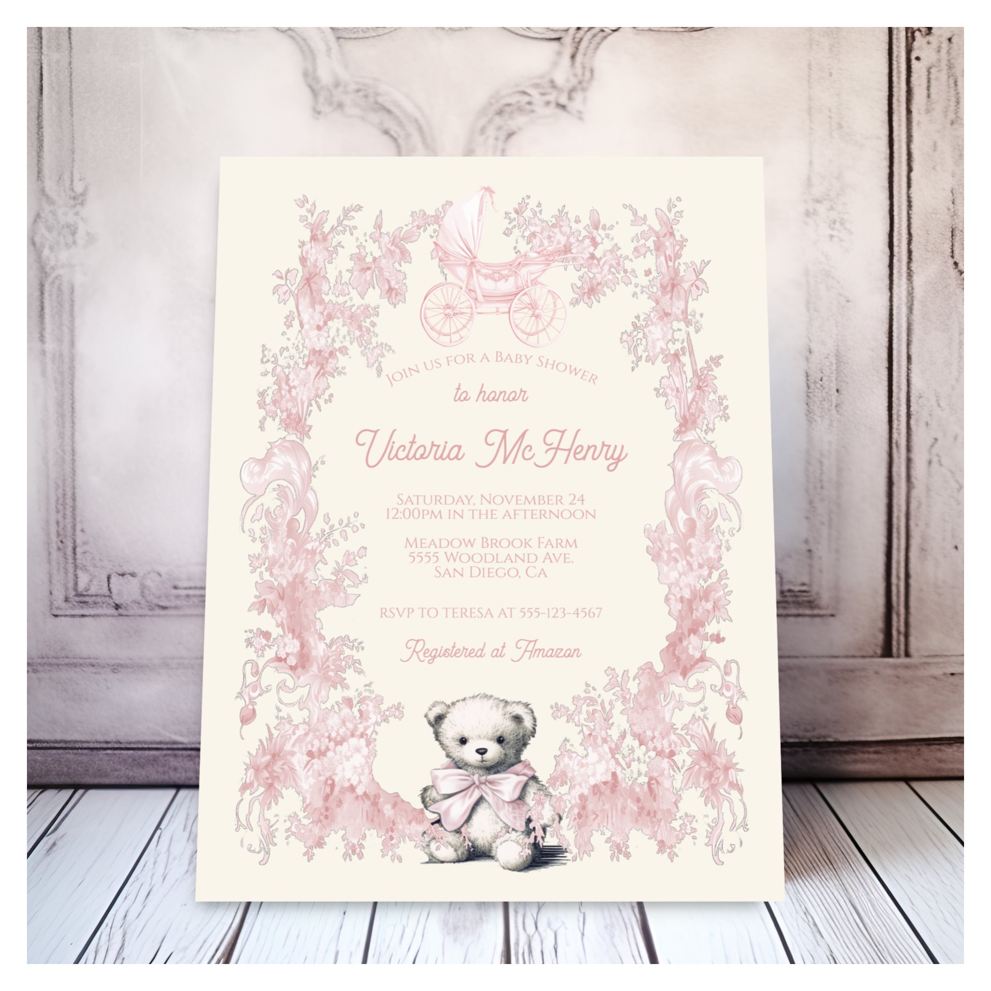 Toile Pink Floral Teddy Bear Carriage Baby Shower Invitation