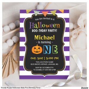Trendy Purple Halloween Baby First Birthday Party Invitation