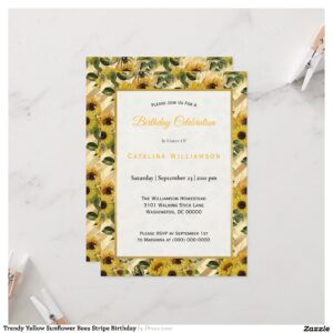 Trendy Yellow Sunflower Bees Stripe Birthday Invitation