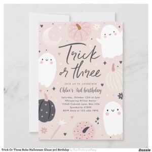 Trick Or Three Boho Halloween Ghost 3rd Birthday Invitation