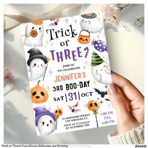 Trick or Three! Cute Ghosts Halloween 3rd Birthday Invitation