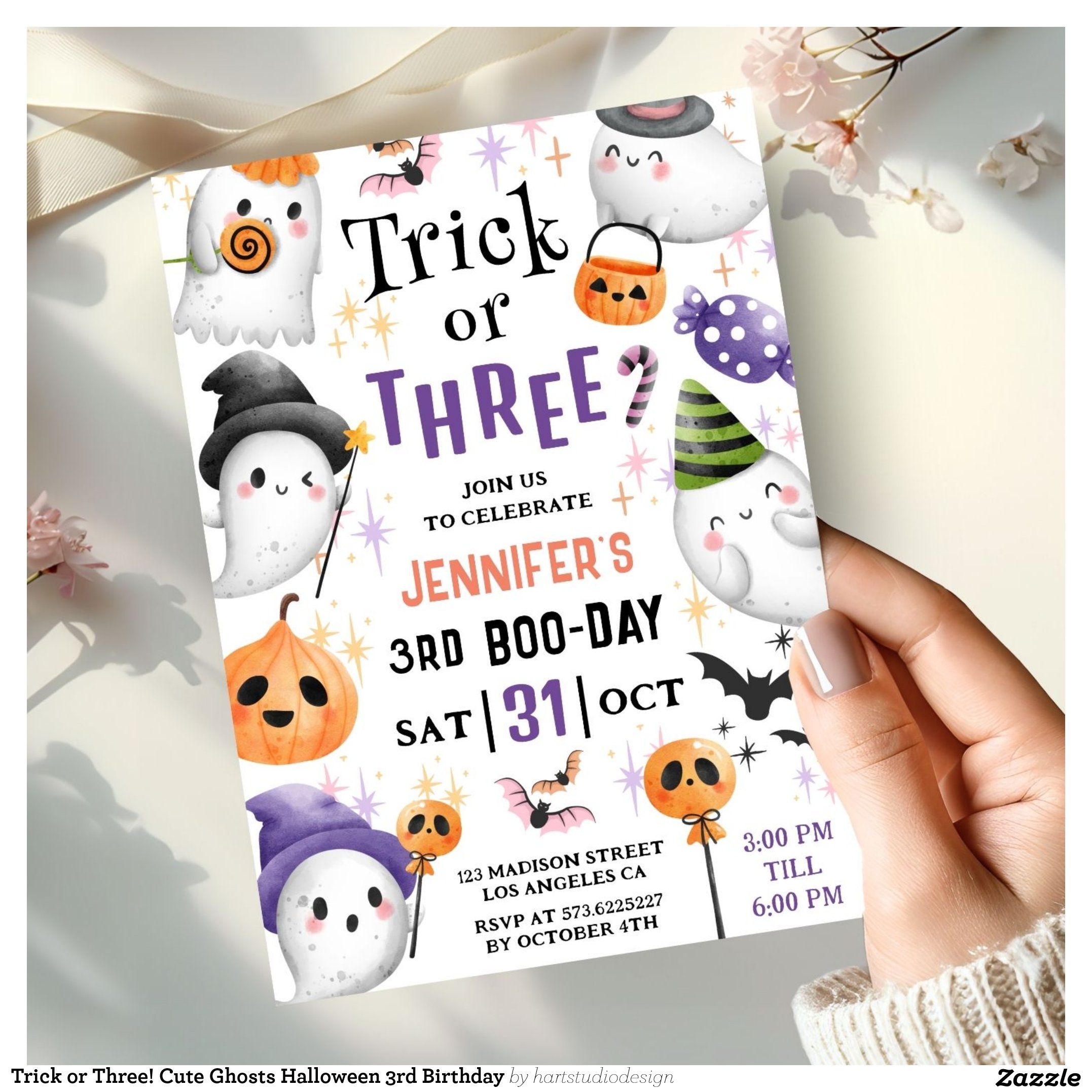 Trick or Three! Cute Ghosts Halloween 3rd Birthday Invitation