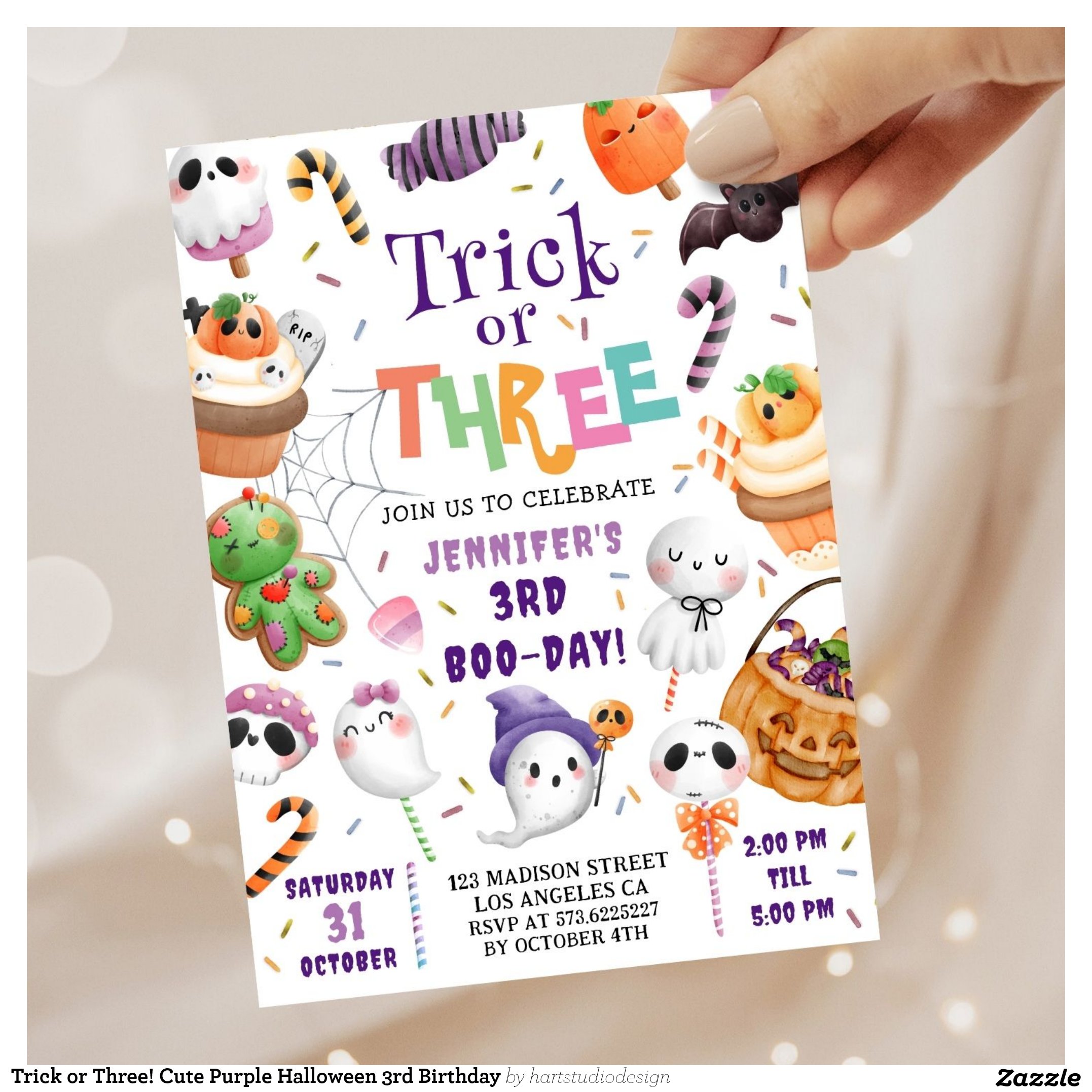 Trick or Three! Cute Purple Halloween 3rd Birthday Invitation