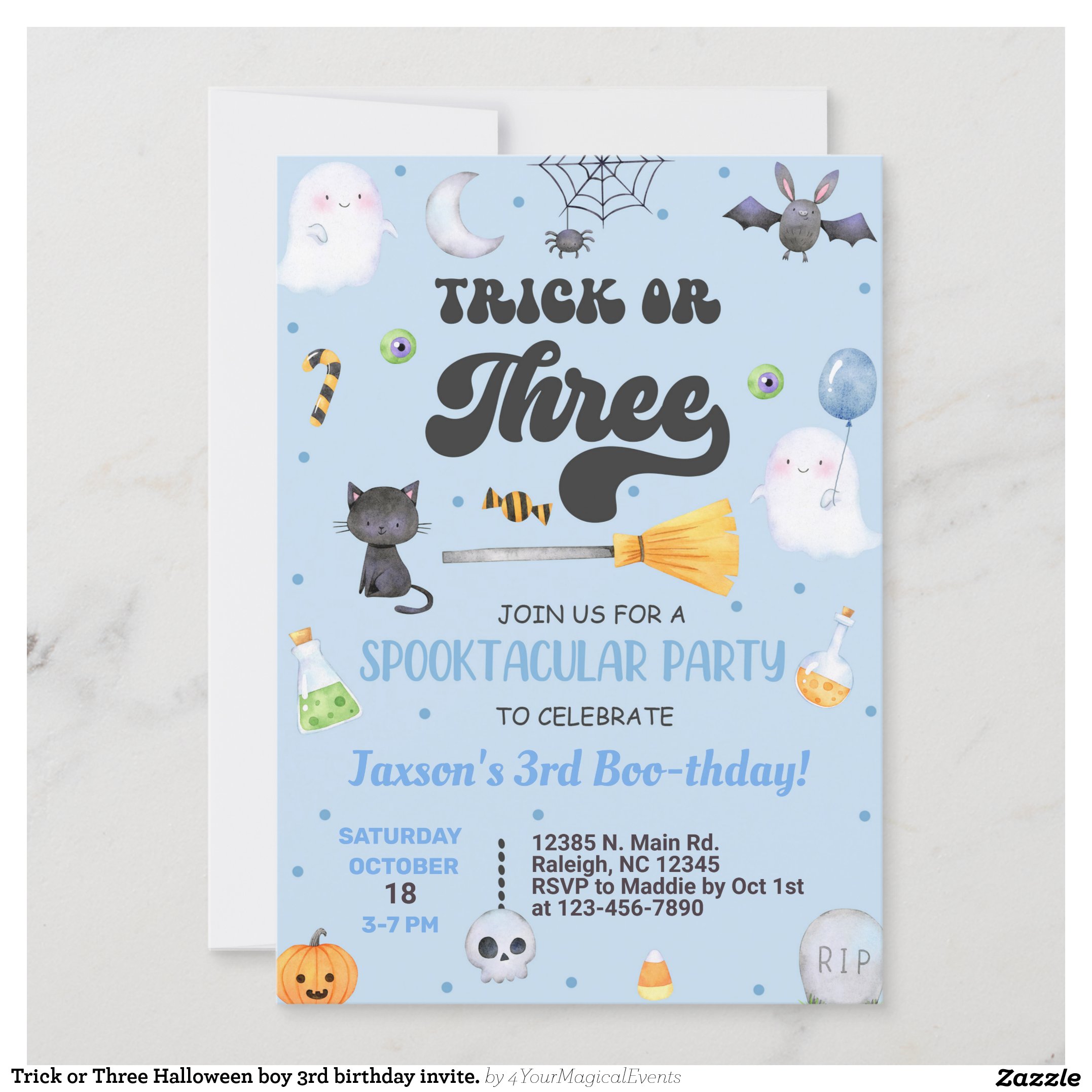 Trick or Three Halloween boy 3rd birthday invite. Invitation