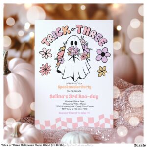 Trick or Three Halloween Floral Ghost 3rd Birthday Invitation