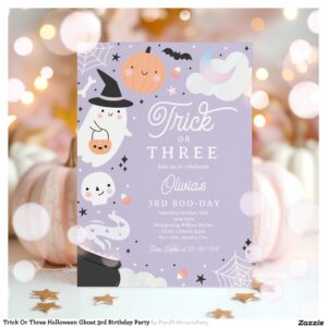 Trick Or Three Halloween Ghost 3rd Birthday Party Invitation