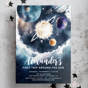 Trip Around the Sun Watercolor Boy 1st Birthday Invitation