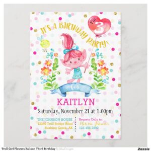 Troll Girl Flowers Balloon Third Birthday Invitation