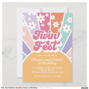 Twin Fest Rainbow Sunshine Daisy 1st Birthday Invitation
