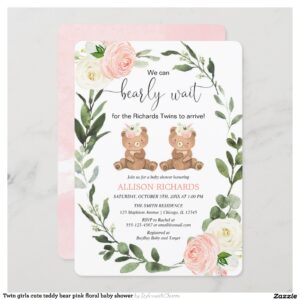 Twin girls cute teddy bear pink floral baby shower invitation