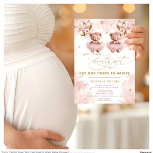 Twin Teddy Bear We Can Bearly Wait Baby Shower Invitation