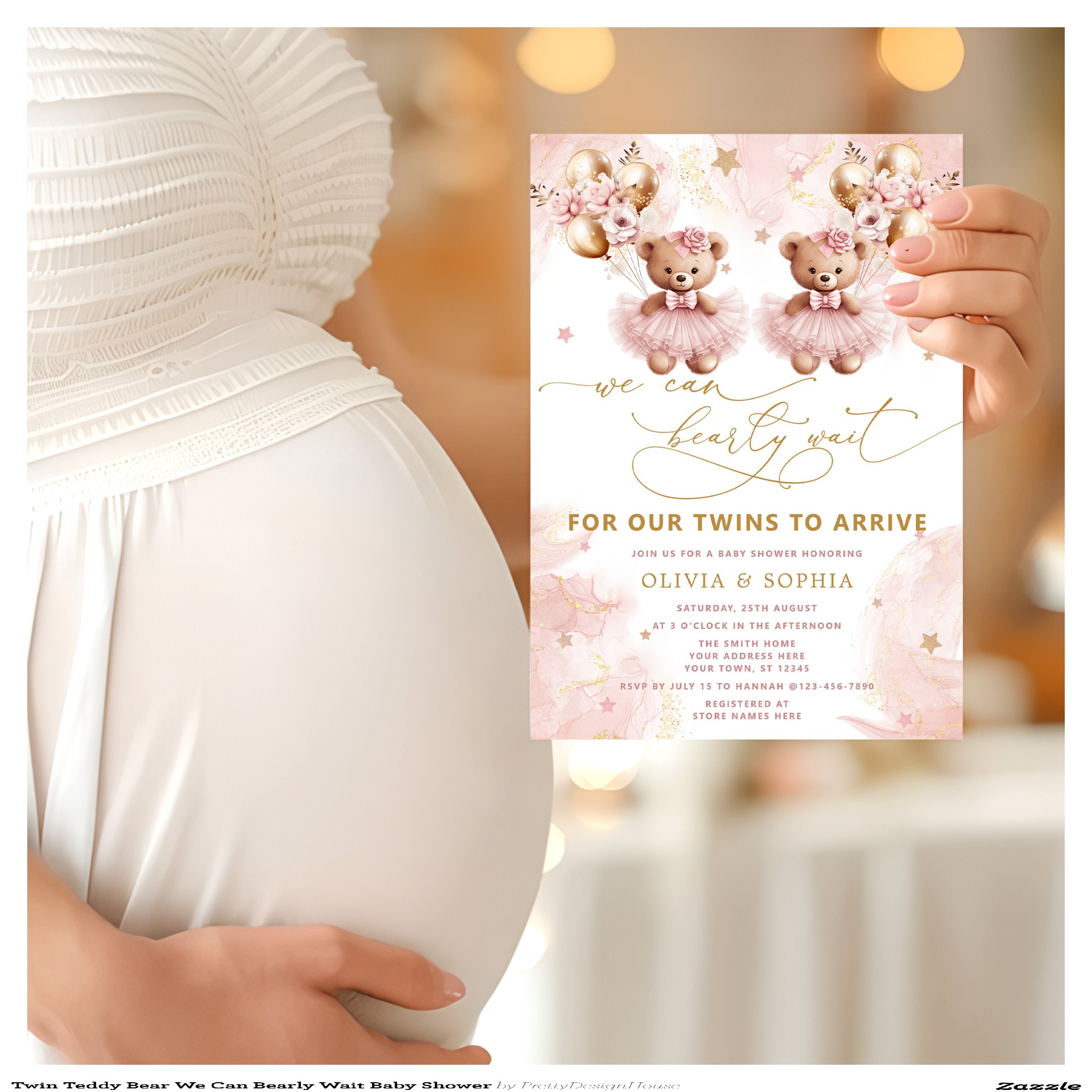 Twin Teddy Bear We Can Bearly Wait Baby Shower Invitation