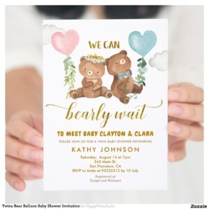Twins Bear Balloon Baby Shower Invitation