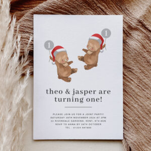 Twins Bear Balloon Santa Hat First Birthday Invitation