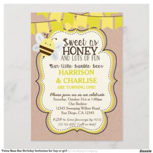 Twins Bees Bee Birthday Invitation for boy or girl
