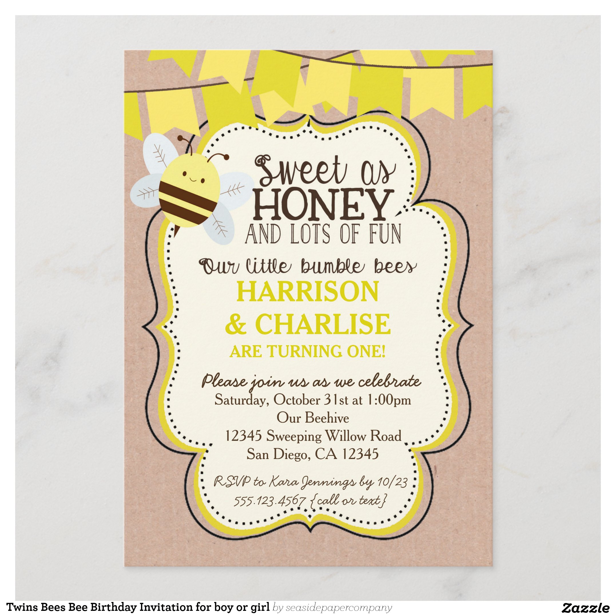 Twins Bees Bee Birthday Invitation for boy or girl