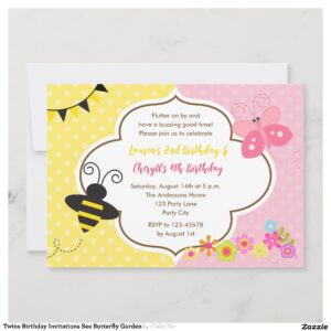 Twins Birthday Invitations Bee Butterfly Garden