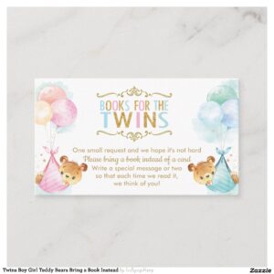 Twins Boy Girl Teddy Bears Bring a Book Instead Enclosure Card