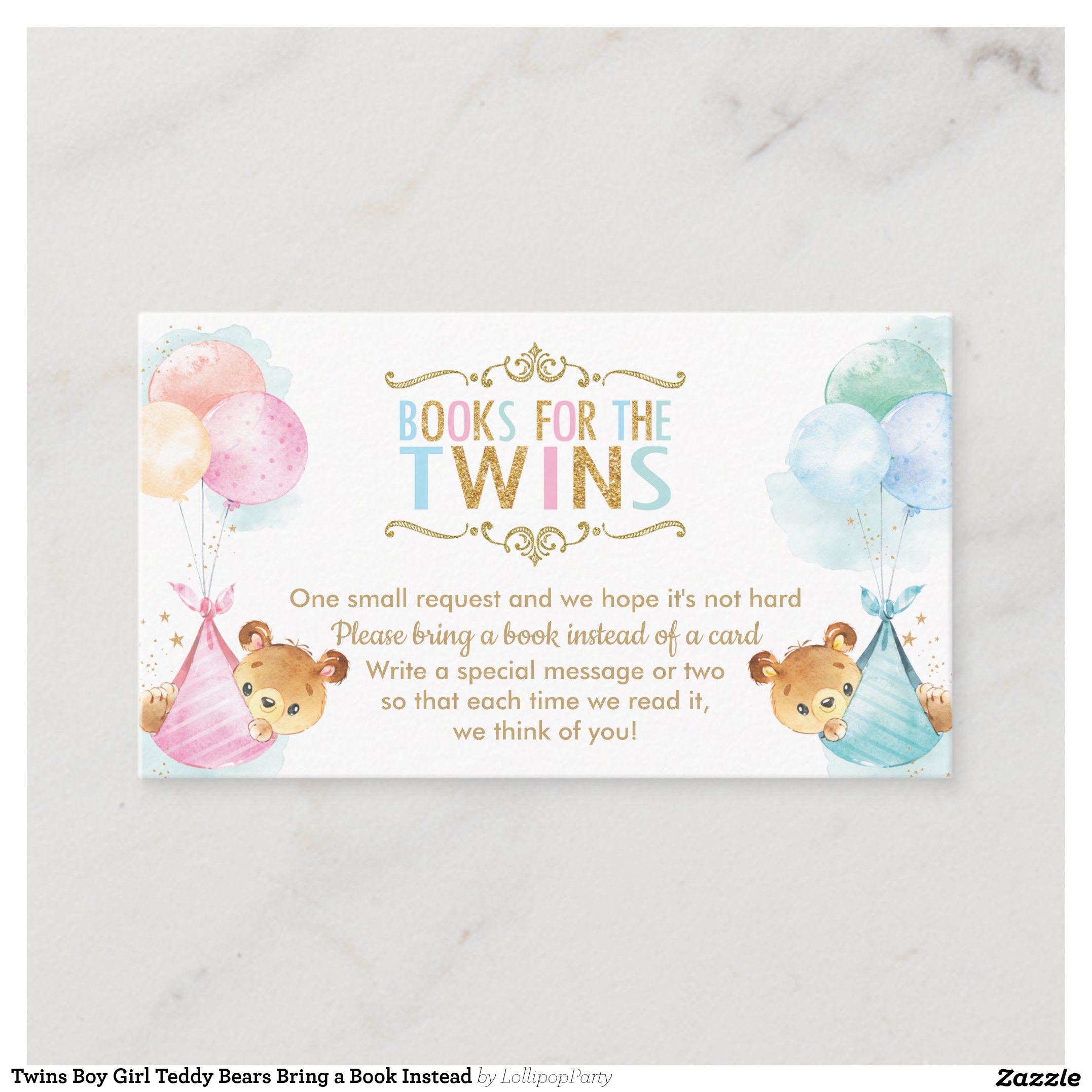 Twins Boy Girl Teddy Bears Bring a Book Instead Enclosure Card