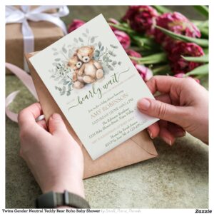 Twins Gender Neutral Teddy Bear Boho Baby Shower Invitation