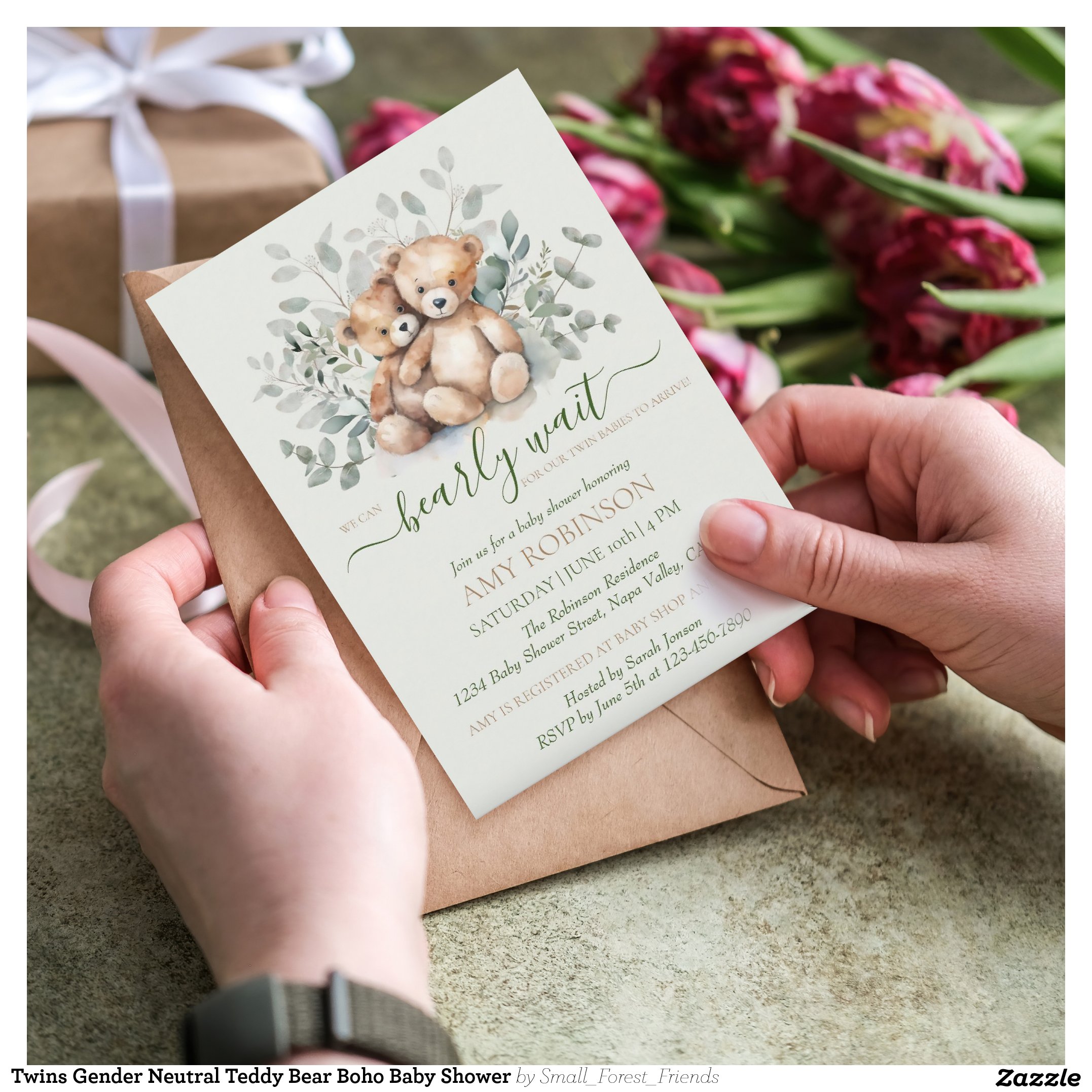Twins Gender Neutral Teddy Bear Boho Baby Shower Invitation
