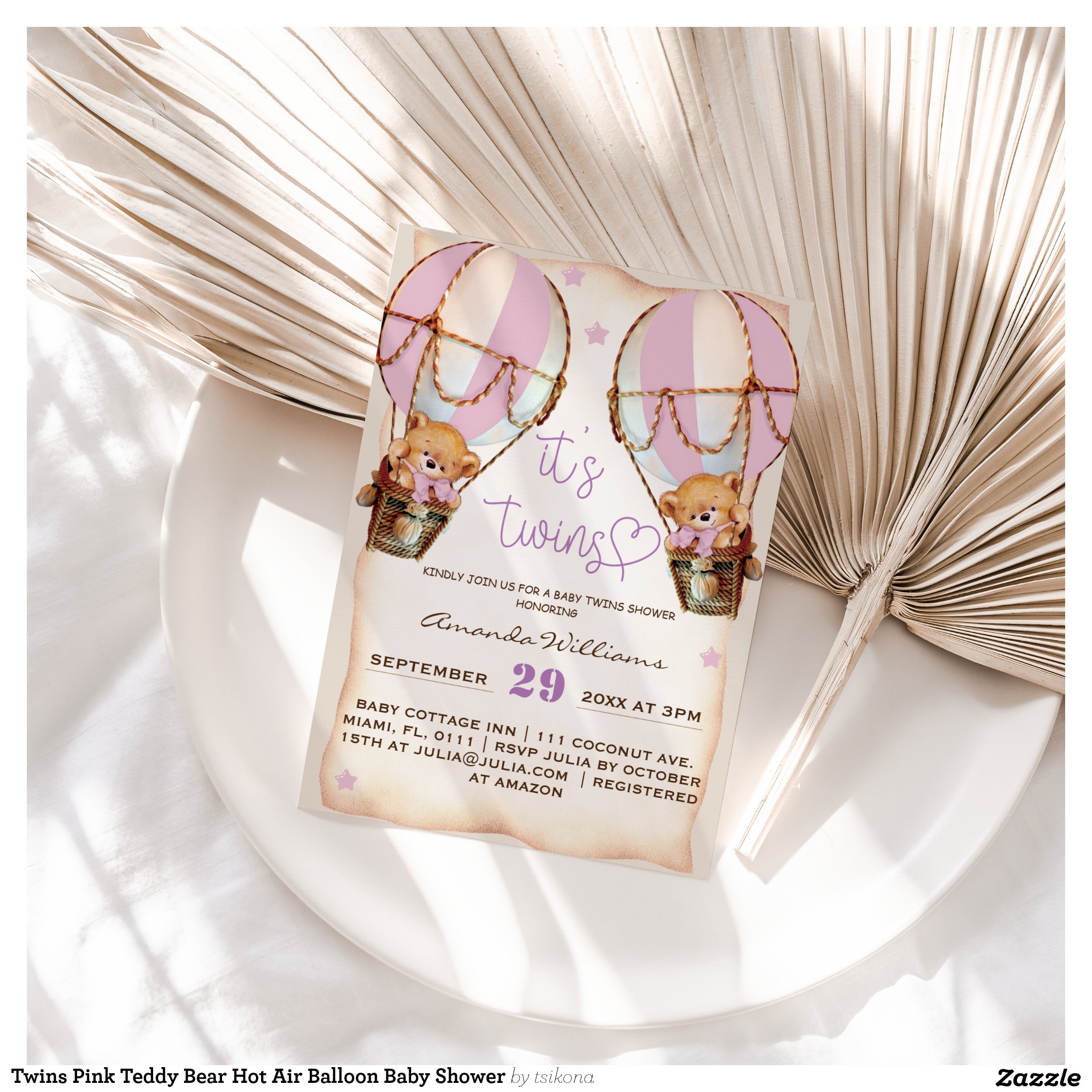 Twins Pink Teddy Bear Hot Air Balloon Baby Shower Invitation